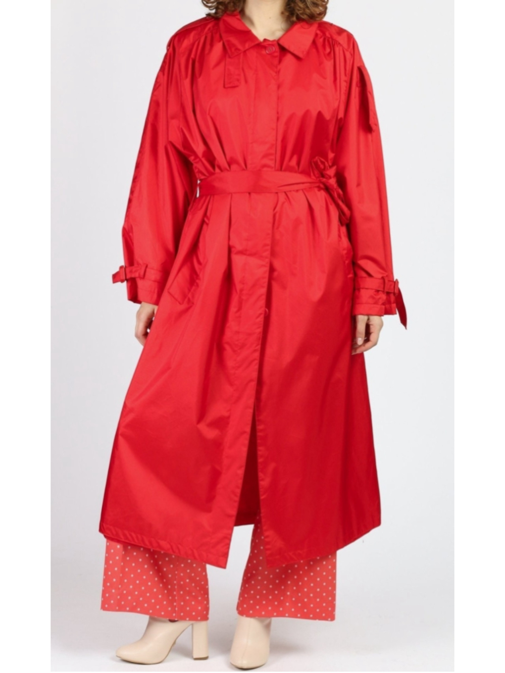 Vintage 80s Paris Sport Club Red Trench Coat 7/8 M Long Rain Jacket Belted